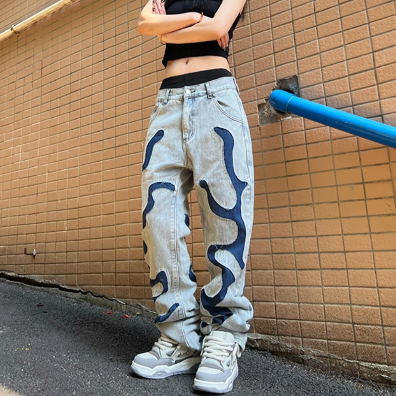 

Fashionable and Comfortable Wide-leg Jeans Women with American Style Washed and Destroyed Patchwork Blue Tie-dyed Embroidery