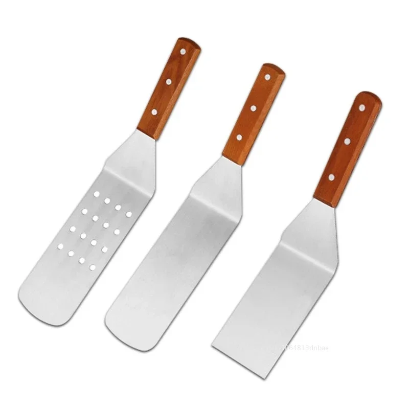 1pc Stainless Steel Square Head Steak Cooking Spatula BBQ Kitchen Utensils Wood Handle Pizza Shovel Pancake Beef Turner Scraper