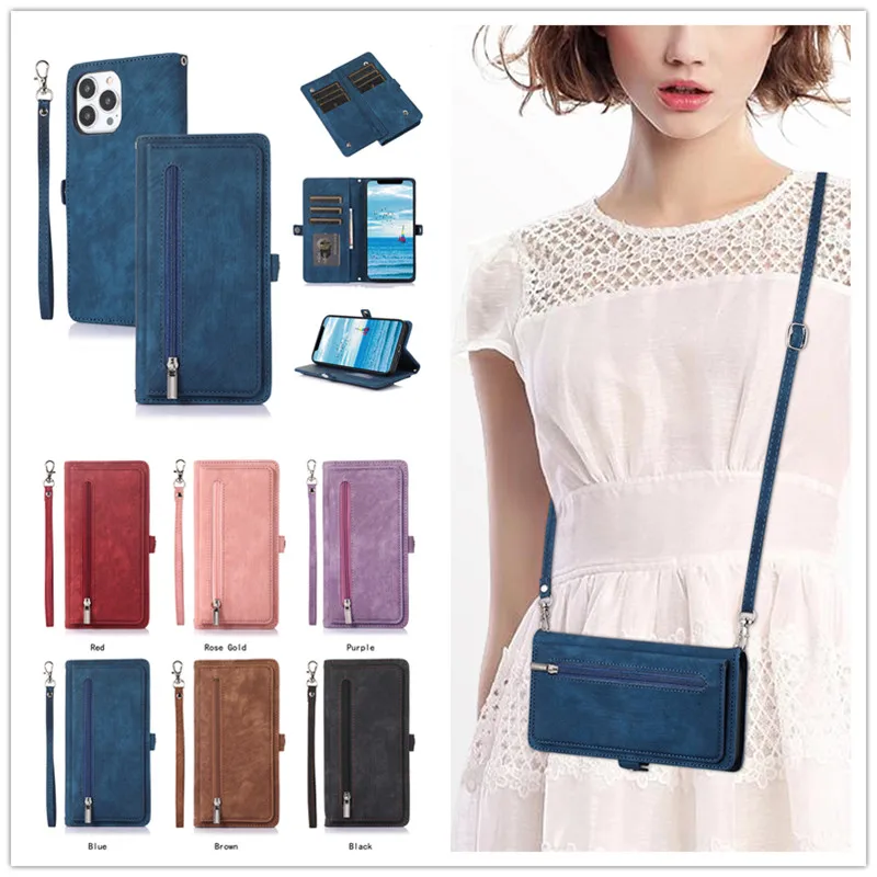 Flap zip leather wallet shoulder strap case For iPhone 14 13 12 11 Pro