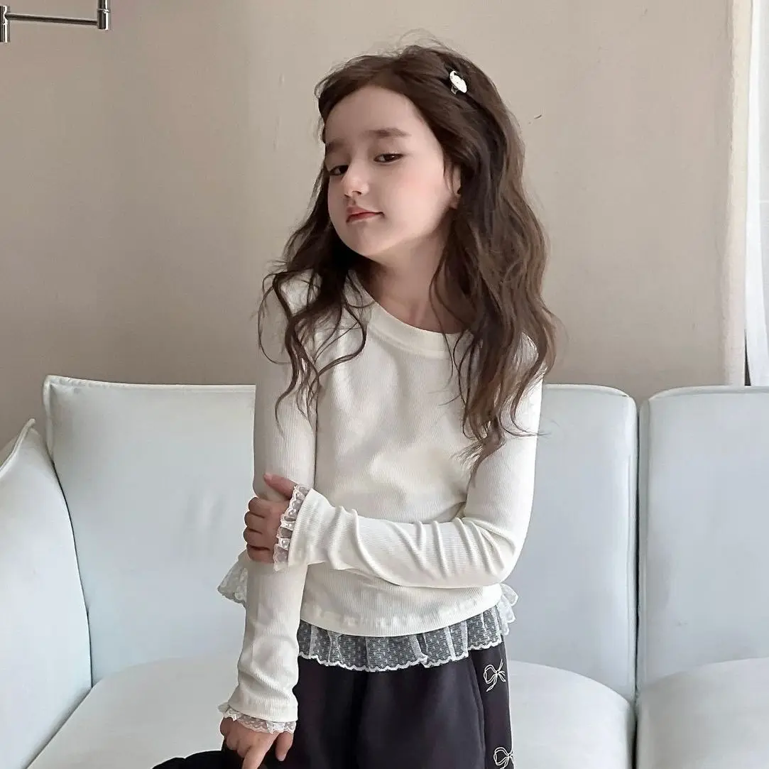 여아 레이스 긴팔 티셔츠 봄 가을 아동 패션 풀오버 탑 다용도 니트 스웨터 한국 스타일 이너웨어