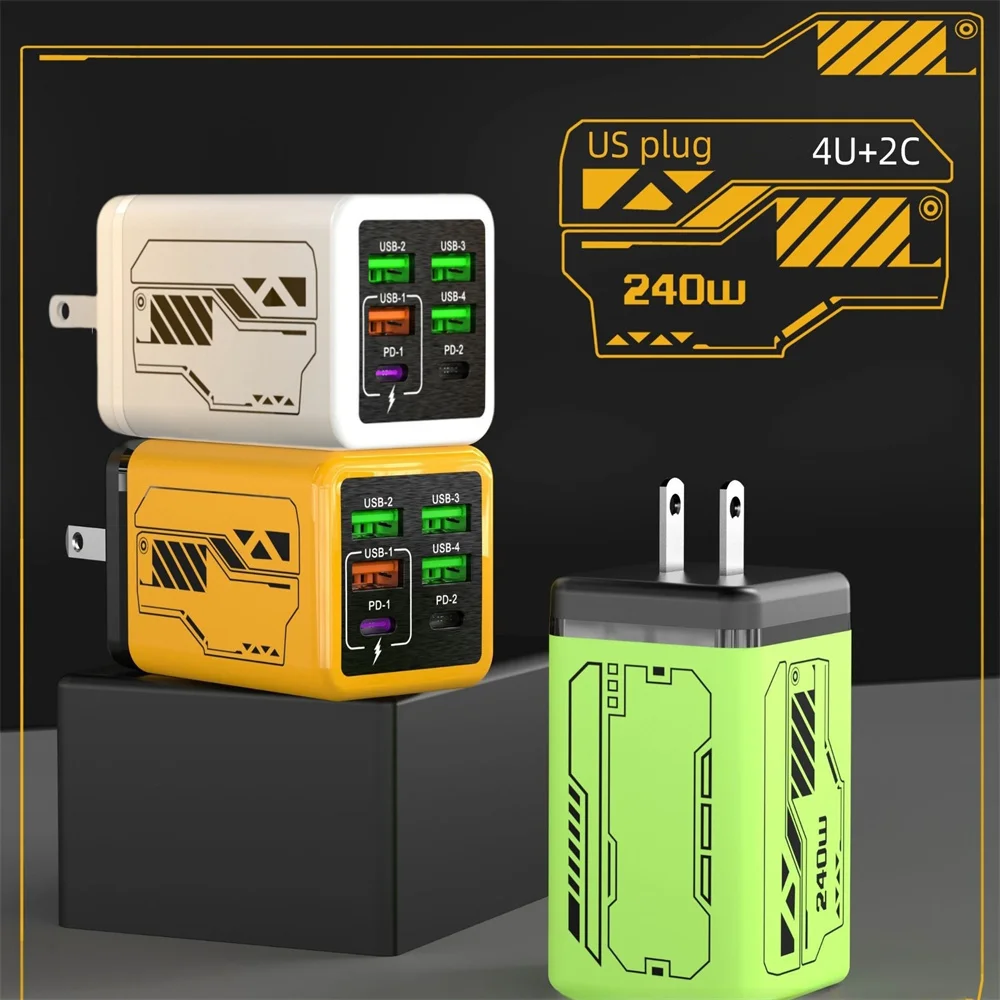 240W 6 Ports USB Charger PD Fast Charging Charger Wall Adapter for iPhone Samsung Xiaomi EU/US/UK Plug Charger Quick Charge 3.0