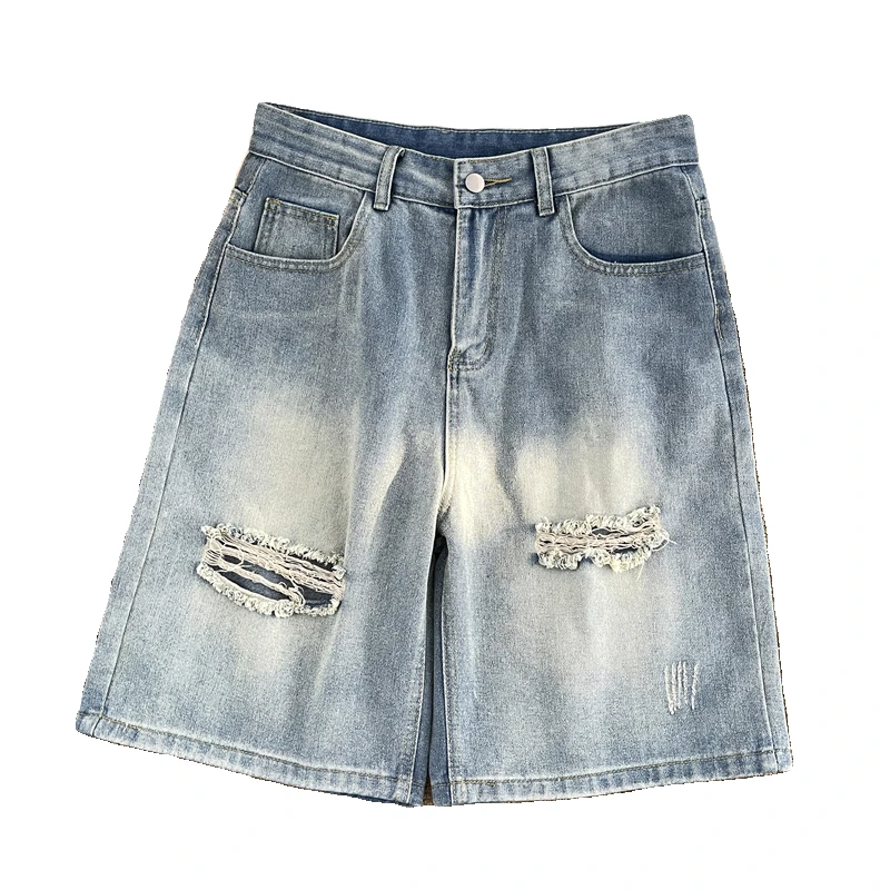 Korean Luxury Clothing Men's Summer Denim Knee Length Shorts Fashion Designer Ripped Hole Cowboy Korean Short Pants A64