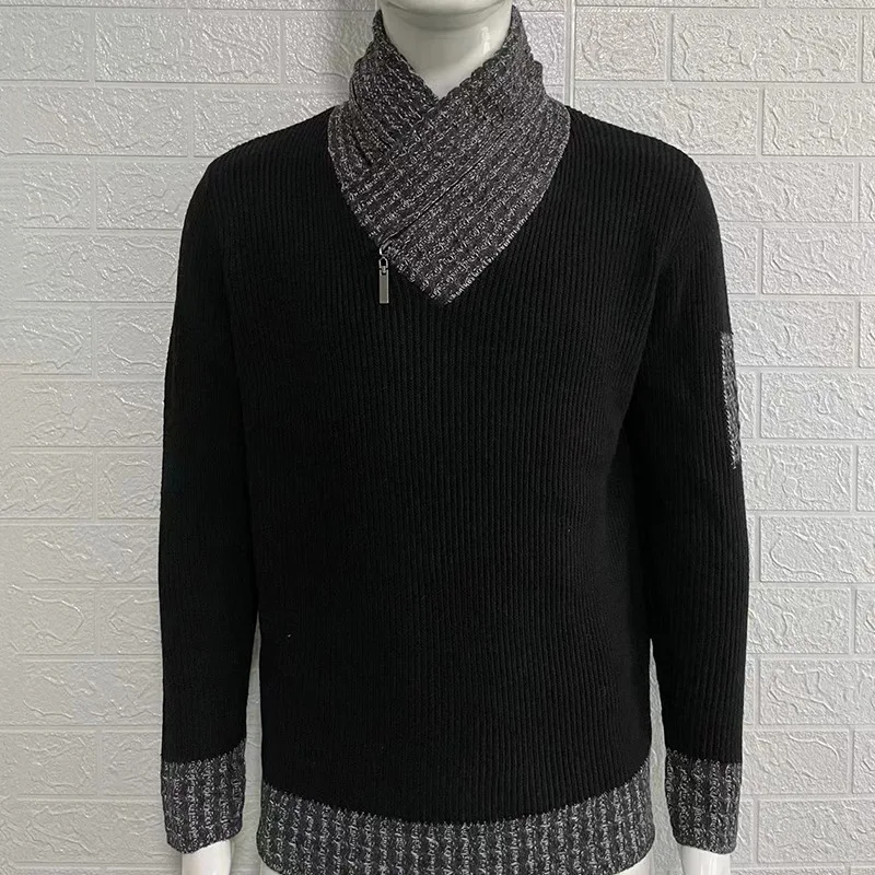 Pulover bărbați 2023 toamnă/iarnă guler înalt mânecă lungă croială slim fit tricotată top pulover mare pentru bărbați584_voghion.com