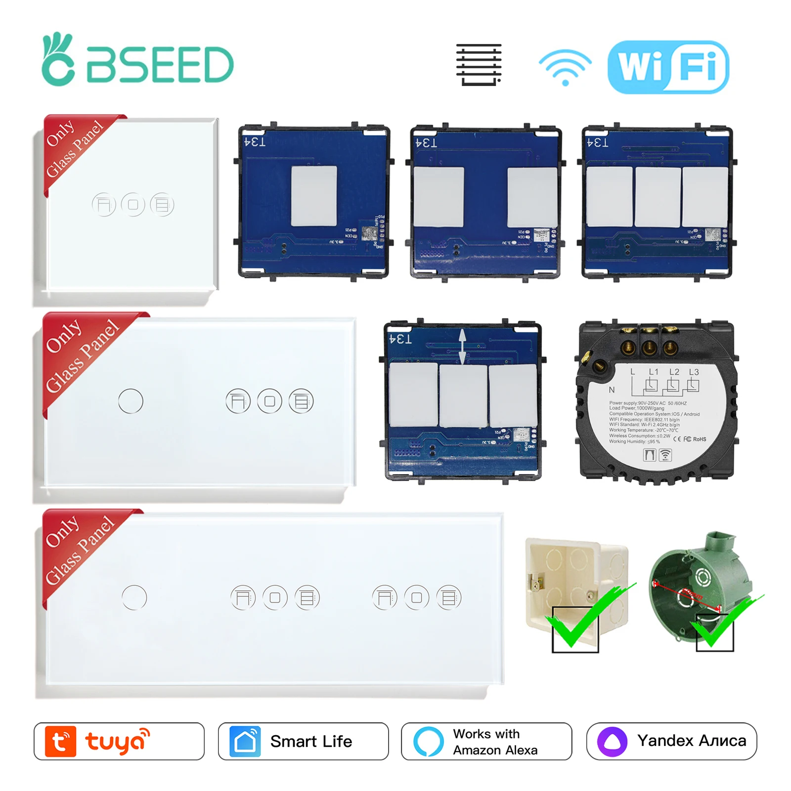 BSEED Wifi Roller Shutter Switch Touch Blinds Switch Smart Light Switches Function Parts Glass Panel DIY Free Combination push button switch electronic diy kit