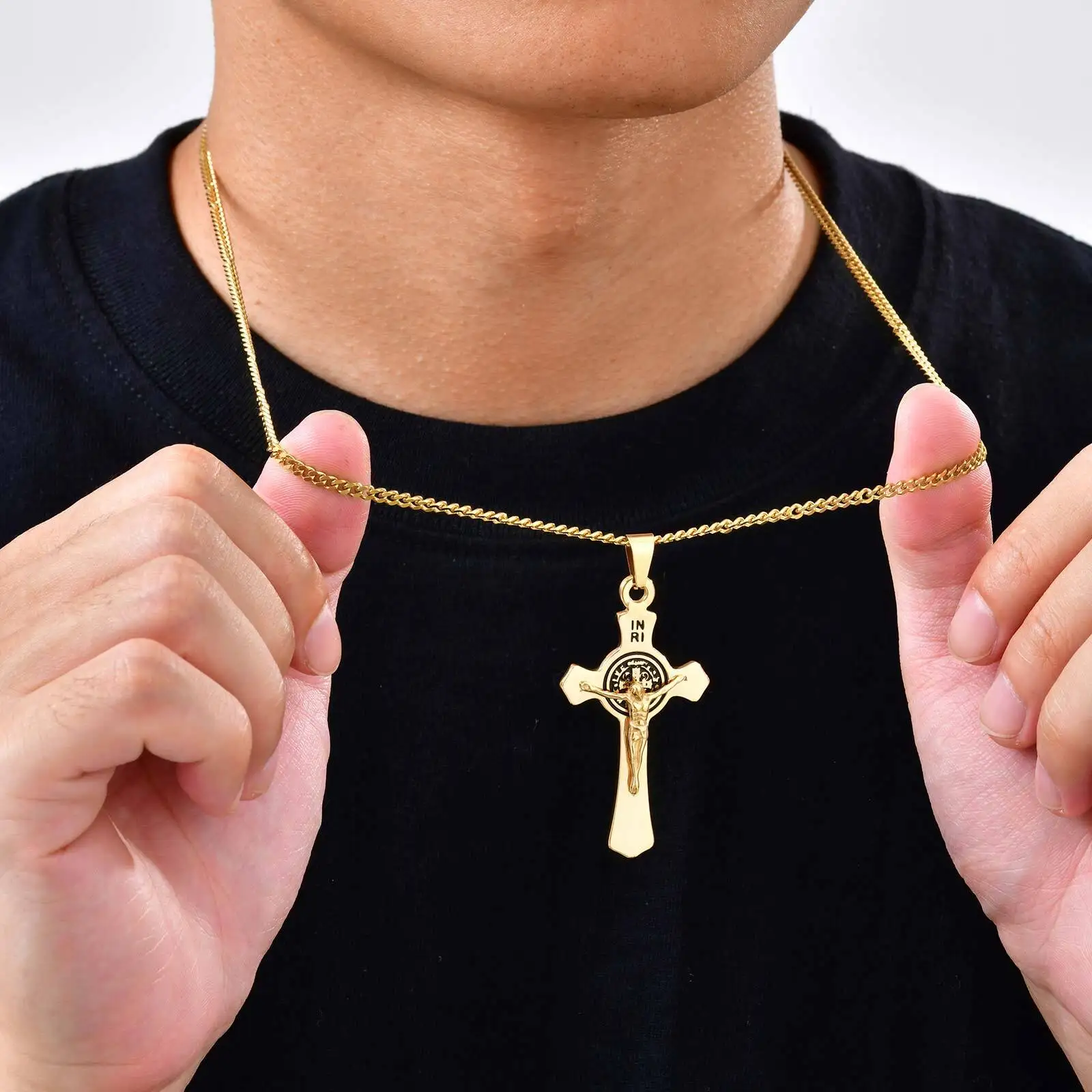 Catholic Saint Benedict Cross Necklce for Men,Stainless Steel Necklace Jesus Cross Pendant,Crucifix Necklace Gift