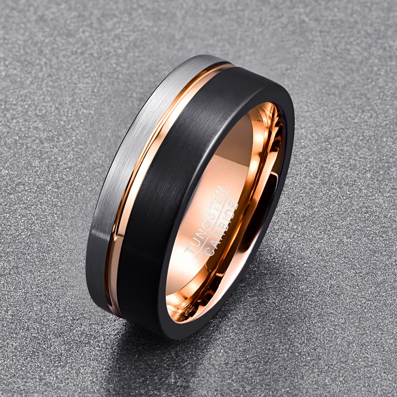 

NUNCAD New Fashion Rose Gold Groove Woman Men's Tungsten Carbide Ring Classic Wedding Brushed Black Male Jewelry Rings