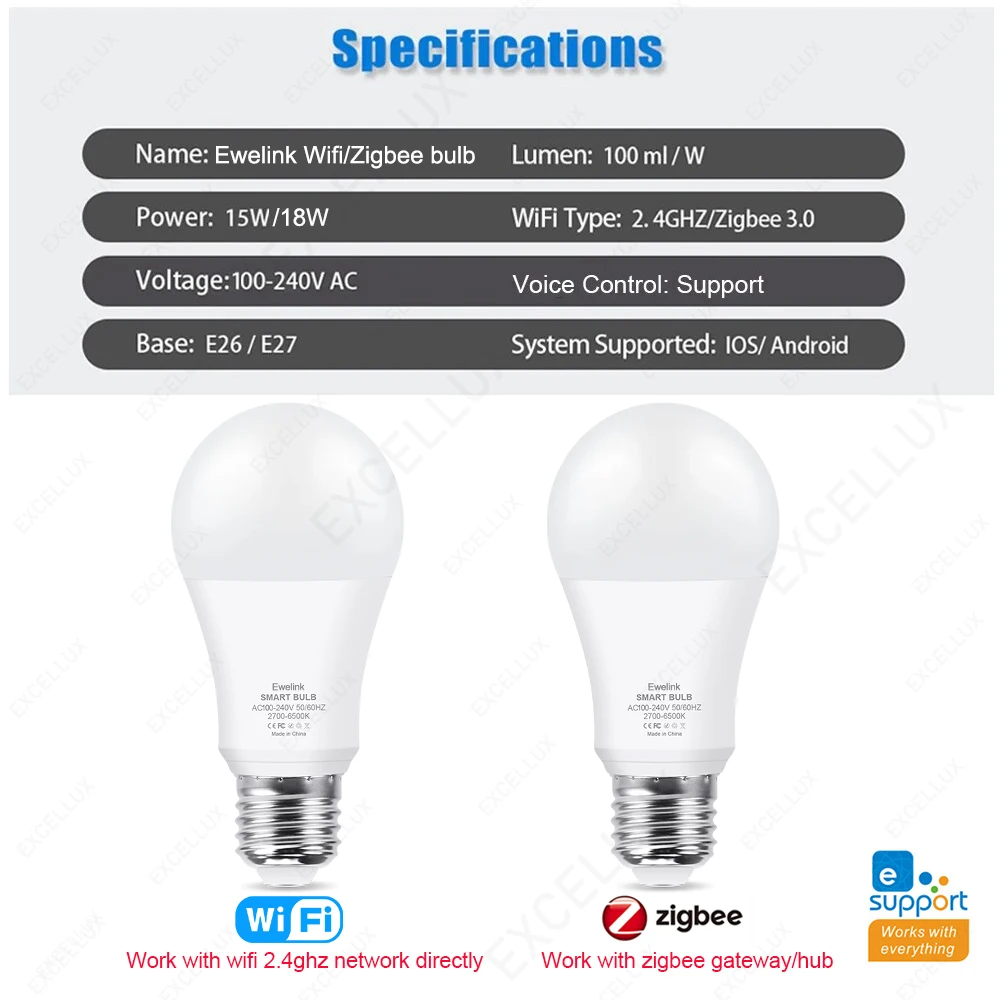 스마트 WiFi Zigbee LED 전구 15W 18W 디밍 가능 E27 RGB+WW+CW 램프 EWelink APP Alexa Google 홈 Smartthings Yandex Alice