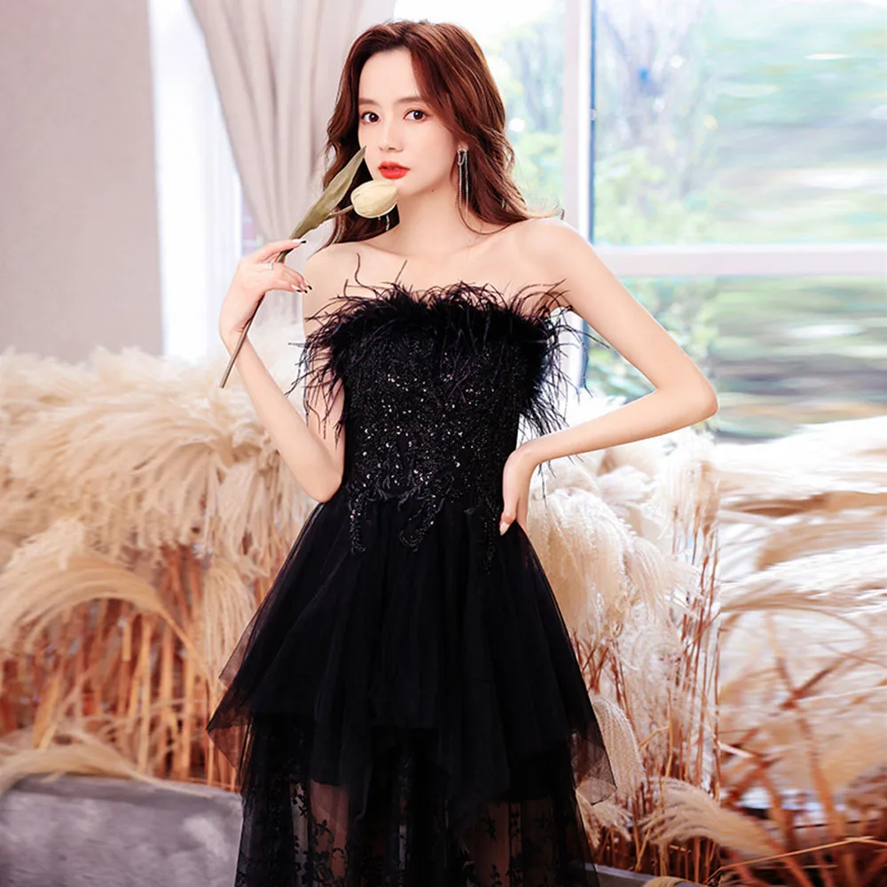 

Women's Solid Strapless Evening Dress Fashion Off The Shoulder Feather Collar Applique Slim Fit Prom Gown Perspective Lace Hem