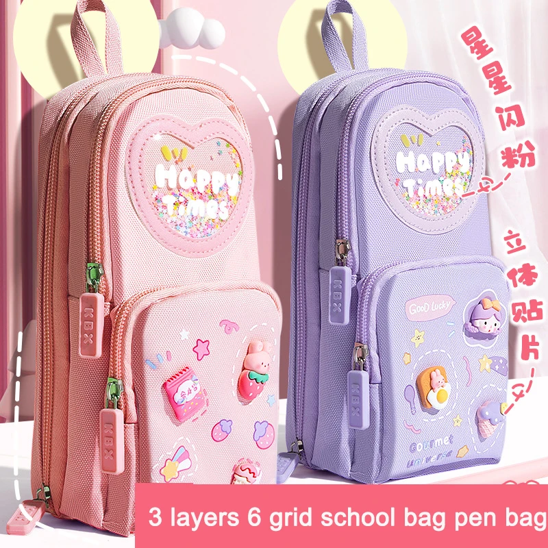 Large-capacity Schoolbag Pencil Case for Girls Cartoon Pencil Box Multi Layer Storage and Standing Cute Kawaii School Supplies