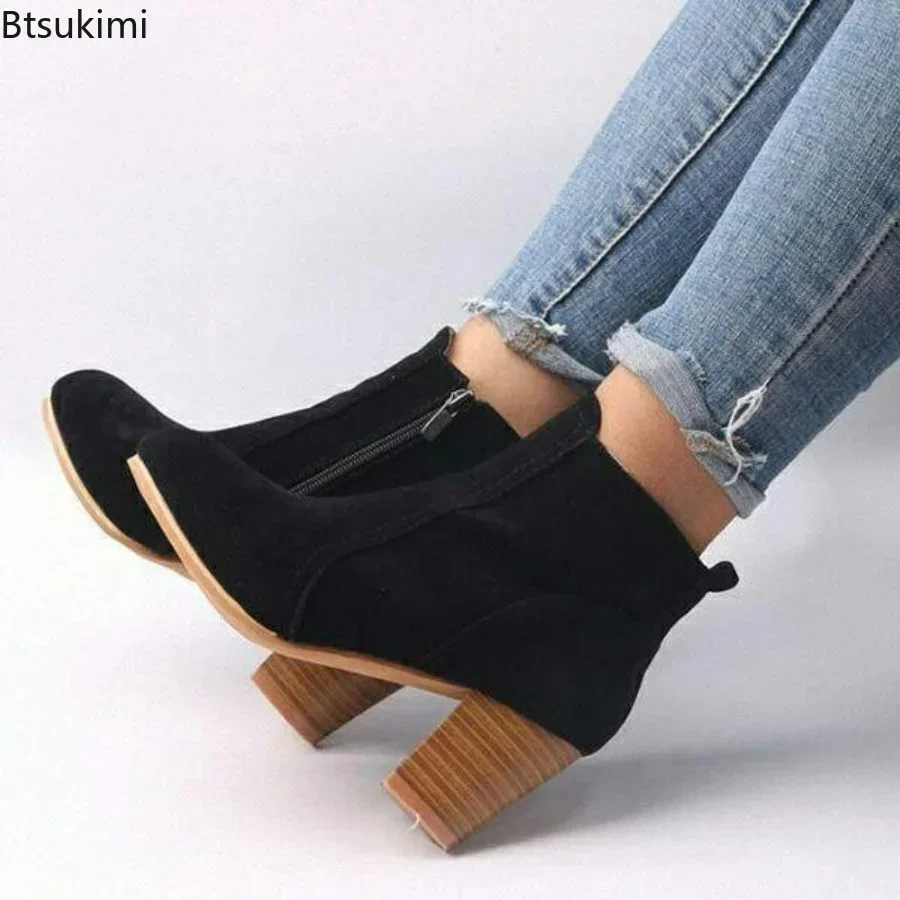 

2024 Women's Suede Ankle Boots Spring Autumn Female Side Zip Thick Heeled Short Boots Fashion Pointed Martin Boots Female Shoes