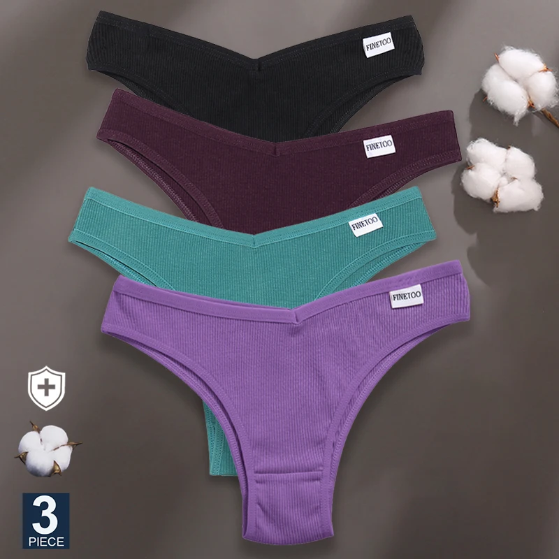 FINETOO 3PCS/Set Panties Women Cotton Lingerie Female Thongs Sexy Underwear Low-Rise Underpant Bikini Brazilian Briefs