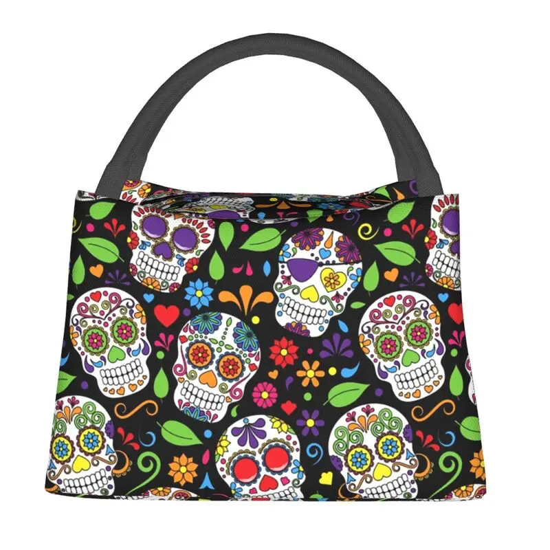 

Colorful Sugar Skull Flower Pattern Insulated Lunch Bags for Women Day Of The Dead Thermal Cooler Food Lunch Box Work Travel