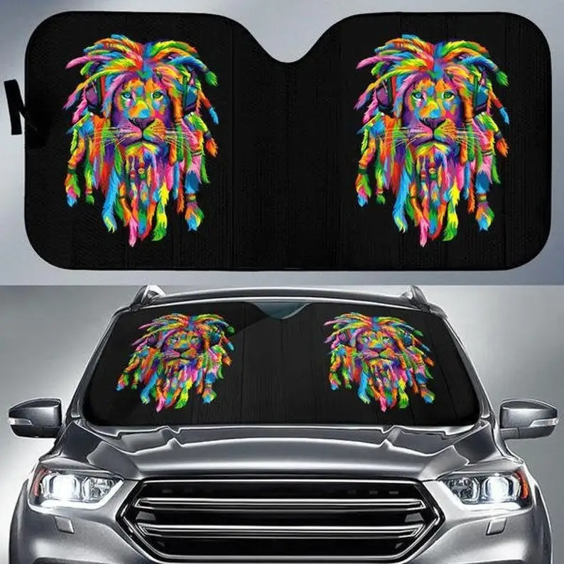 

Car Sun Shade with Rasta Lion Print, Auto Sun Shade a unique Gift for Lion Lovers.