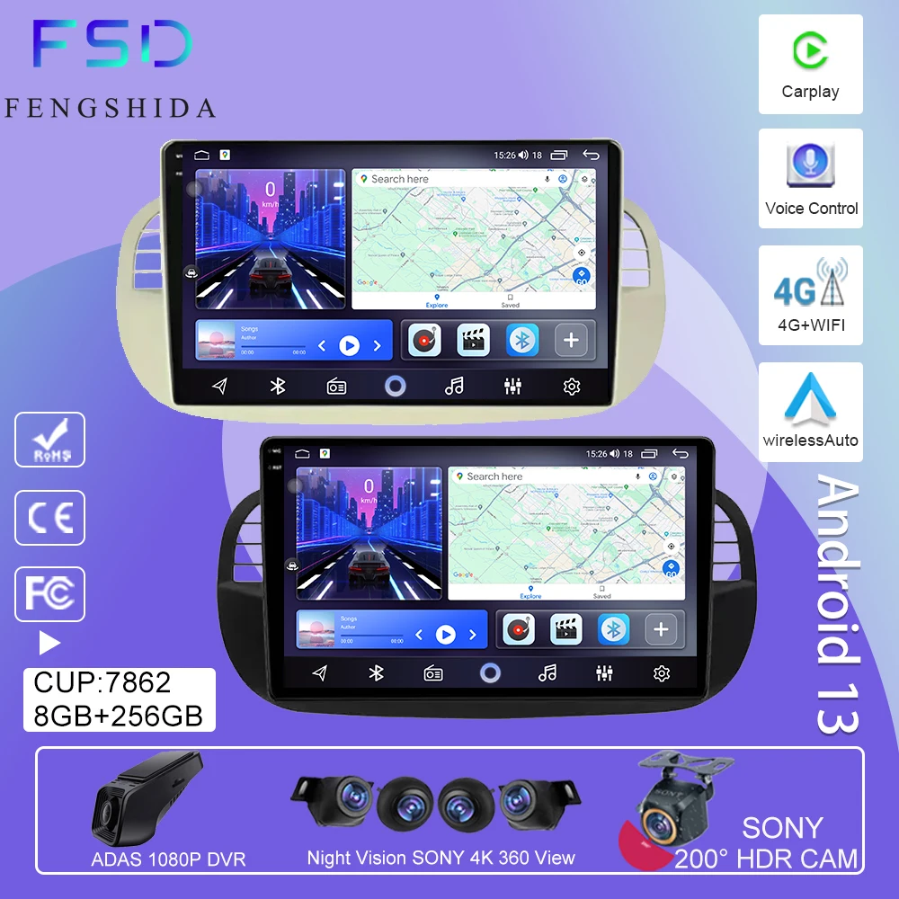 Autoradio Android 13 Wireless Carplay Per Fiat 500 2007-2015 Navigazione Video Gps Stereo Sistemi Intelligenti Lettore Multimediale