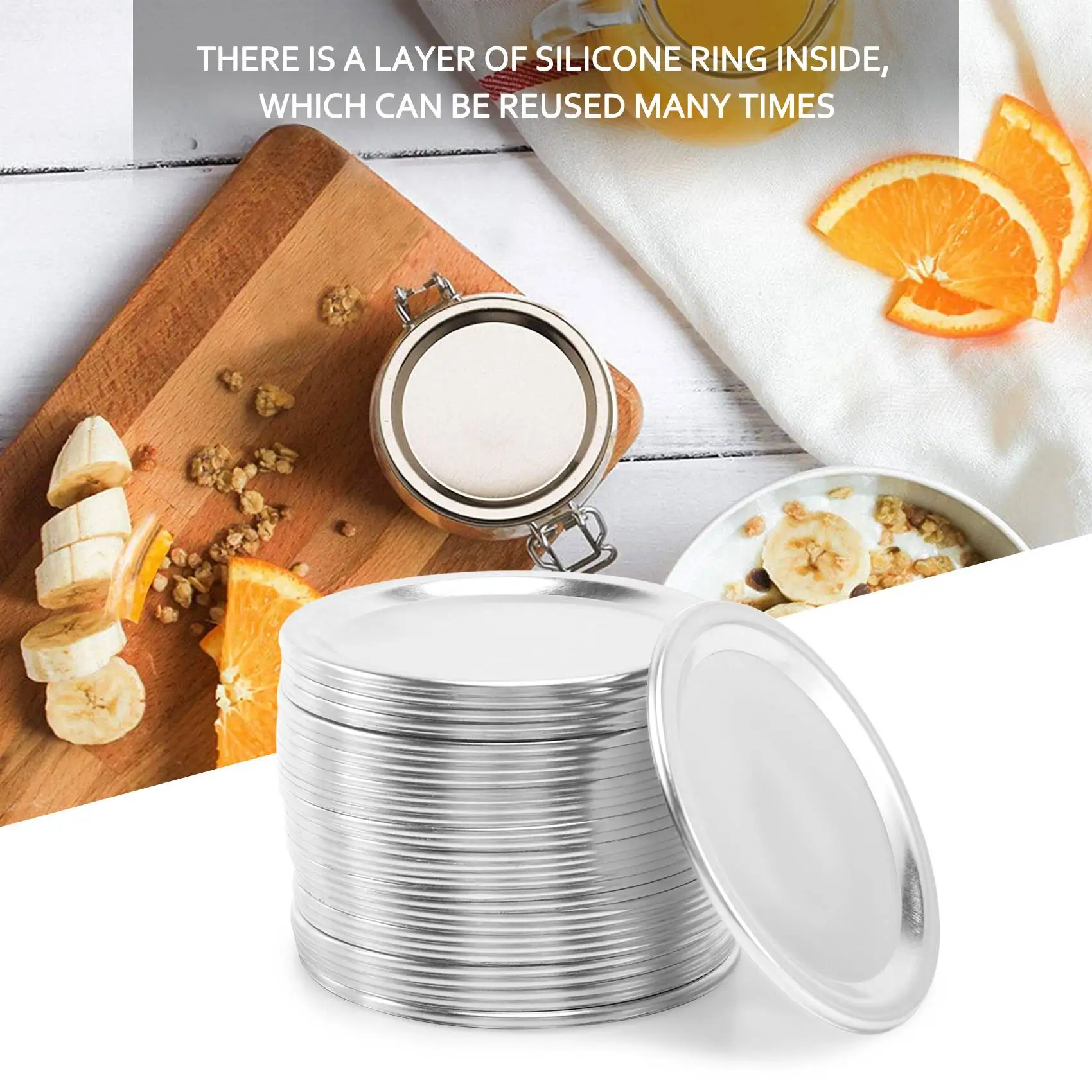 Regular Mouth 70MM Mason Jar Canning Lids Reusable Leak Proof Split-Type Silver Lids with Silicone Seals Rings 100 Pcs