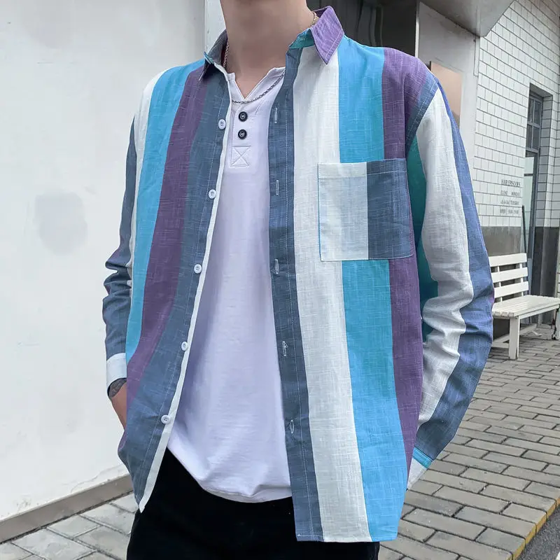 

Fashion Printed Lapel Button Pockets Color Striped Shirts Men's Clothing 2023 Spring New Loose Casual Tops Long Sleeve Shirt