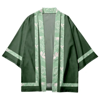 Green Kimono 2025 Summer Beach Geometric Print Japanese Samurai Kimono Fashion Men Women Cardigan Haori Obi Oversized Tops