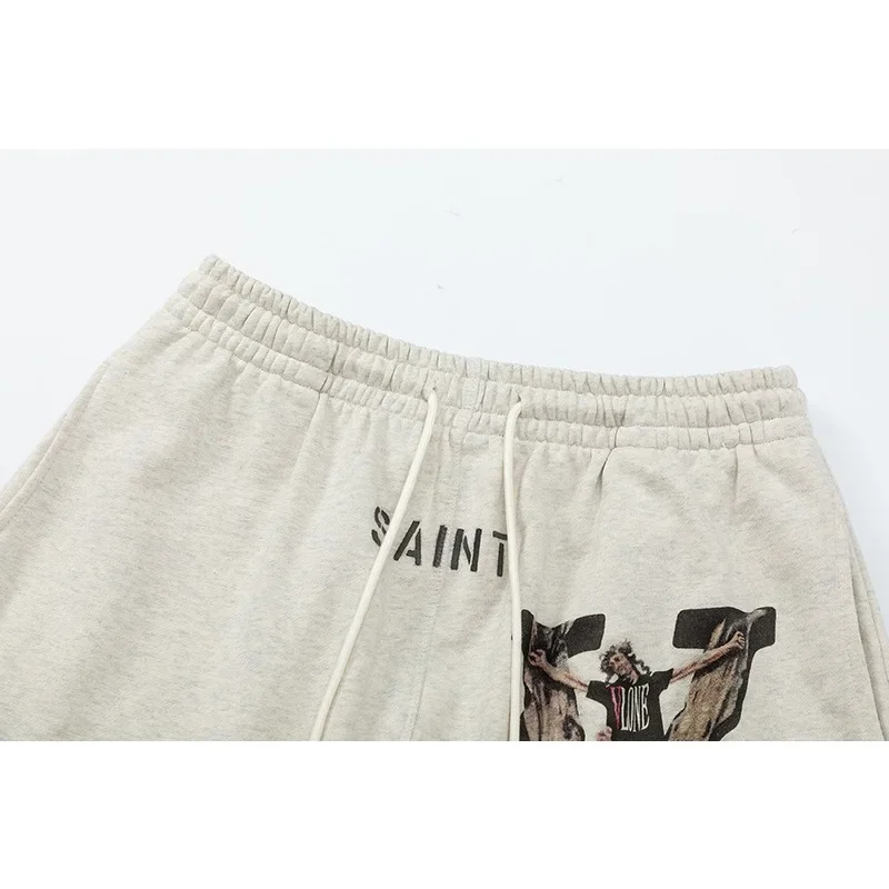 New casual and comfortable Saint distressed printed cropped shorts with fashion label loose gray for men and women