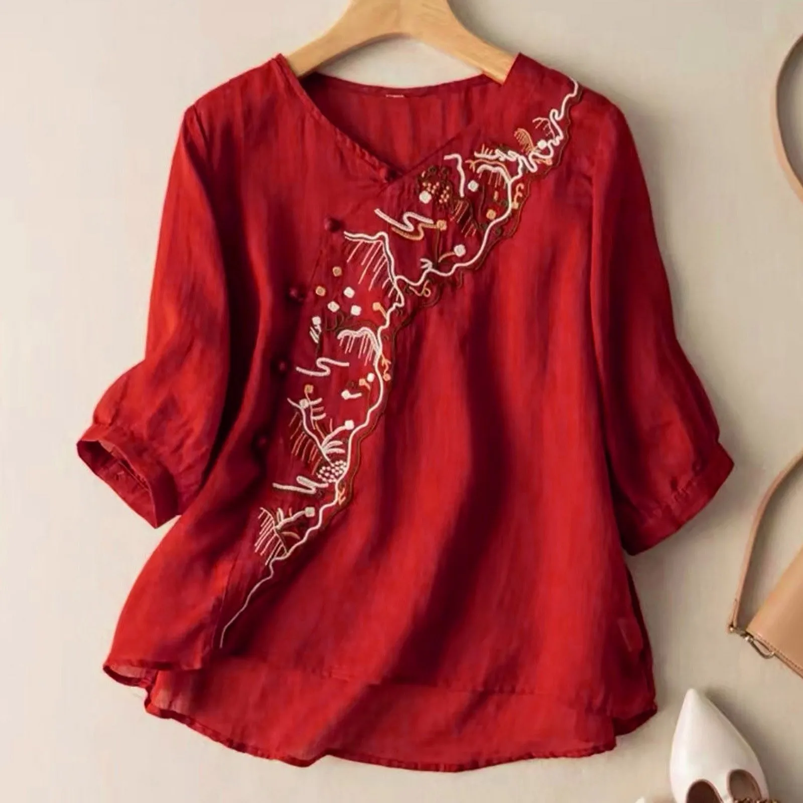 

Bohemian Embroidered Shirt Women'S Puff Short Sleeves Round Neck Bohemian Style Casual Loose Button Summer Solid T Shirt