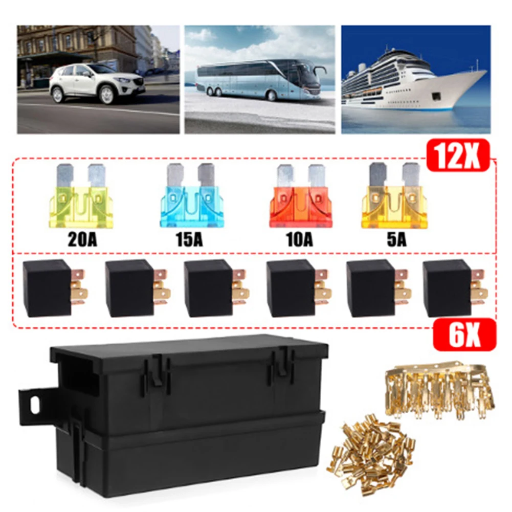 6Pcs 4Pin Plastic Cover 11 Ways Blade Fuse Block 12V 40A Fuse Box Holder For Car Marine Truck Trailer Boat with Spade Terminals