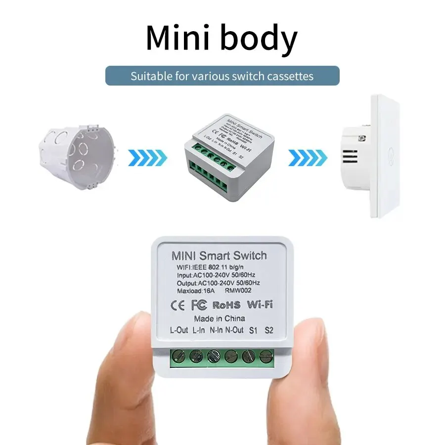 16A/20A WiFi Mini Smart Switch Module 2-way Control APP Remote Control for Alexa Google Home Automation Voice
