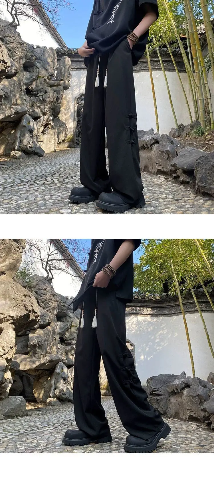 Description Picture 4 of itemChinese Style Knot Button Pants For Men Elastic Waist Drawstring Loose Straight Trousers Summer Fashion Casual Wide Leg Pants