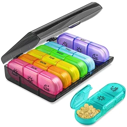 Portable 7 - Day Pill Organizer with 21 Large Compartments for Vitamins and Medication (BlackColorful)