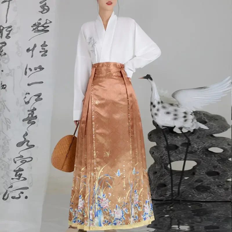 Original Hanfu Spring Flower Autumn Color Chinese Style Clothing Aircraft Sleeves Horse Face Dress Women's Dress Daily Set solid color women dress v neck knot hollow out waist mini dress for women spring solid color short sleeves skinny elastic sheath