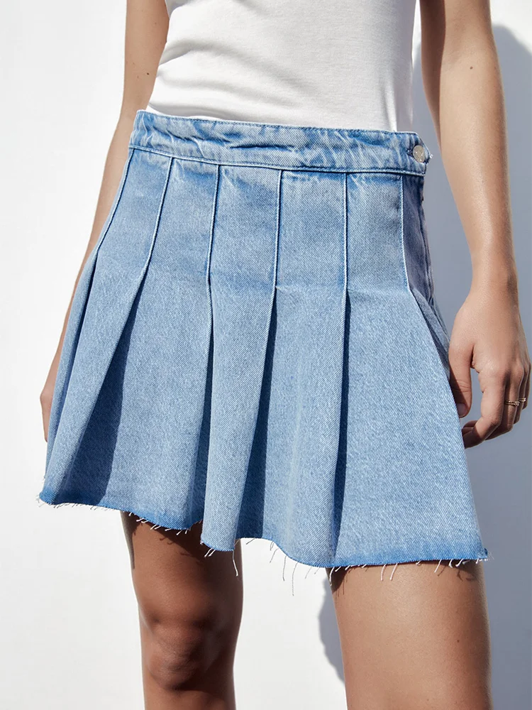 

Skirts Womens 2023 Fashion Women Clothing Preppy Style High Waist Short Jean Pleated Skirt Raw Hem Faded Effect Mini Denim Skirt