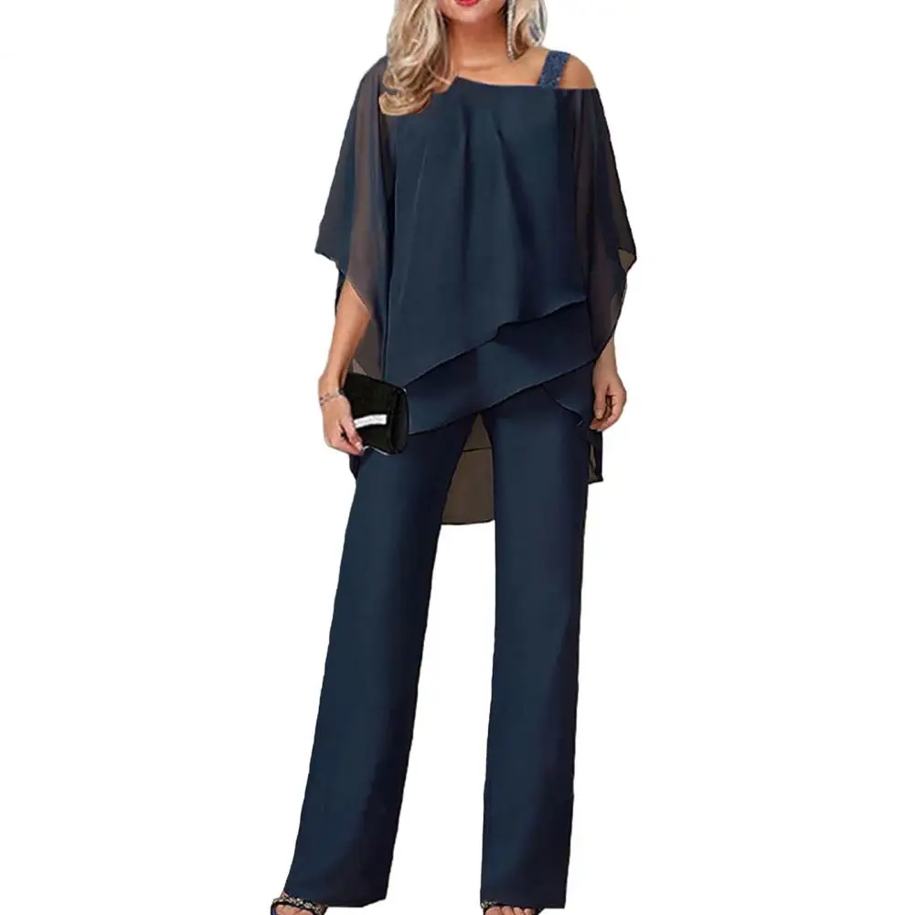 

Women Wide-leg Jumpsuit Stylish Office Lady Jumpsuit Set with Off Shoulder Tops Wide Leg Pants Elegant Irregular Batwing Sleeve