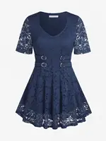 ROSEGAL Plus Size & Curve Buckled Lace Blouse Top  Women Neck T-shirts Spring Summer Fashion New Tees