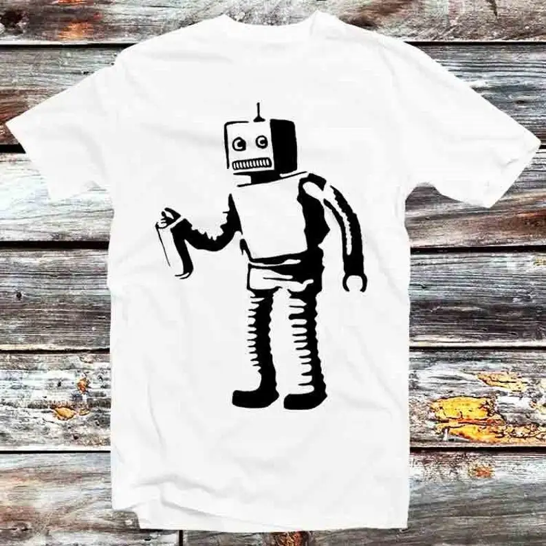 

Banksy Inspired Spray Painting Robot Graffiti T Shirt Vintage Retro Gift Mens Womens Unisex Cartoon Anime Top Tee B1214