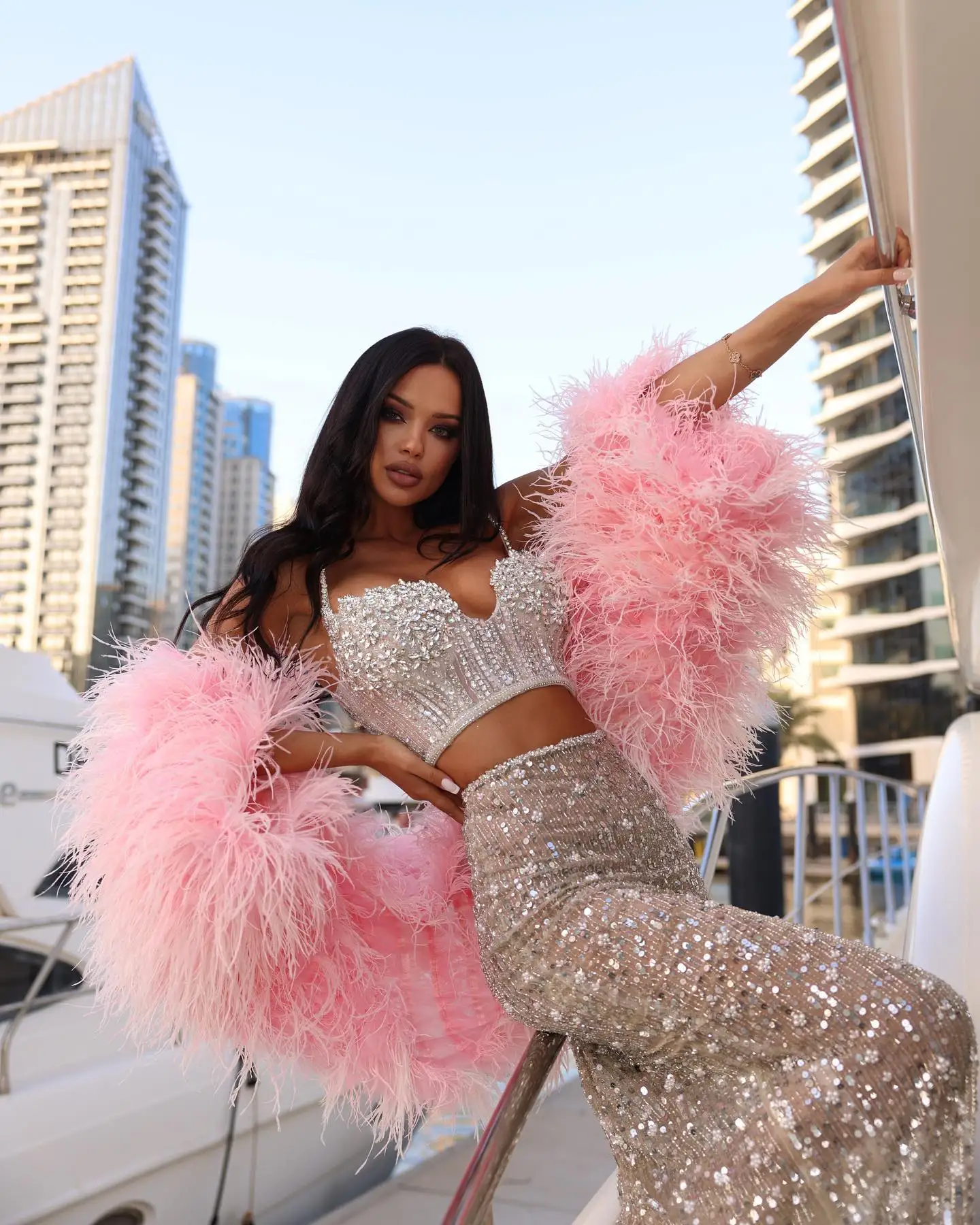 

Linyang Spaghetti Straps Prom Dress Split Ankle Length With Feathers Sleeves Beaded Evening Summer Elegant Party Dress For Women
