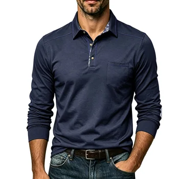 Polo da Uomo Autunno 2026 a Maniche Lunghe con Risvolto, Colletto a Contrasto e Bottoni - Top Basico da Uomo