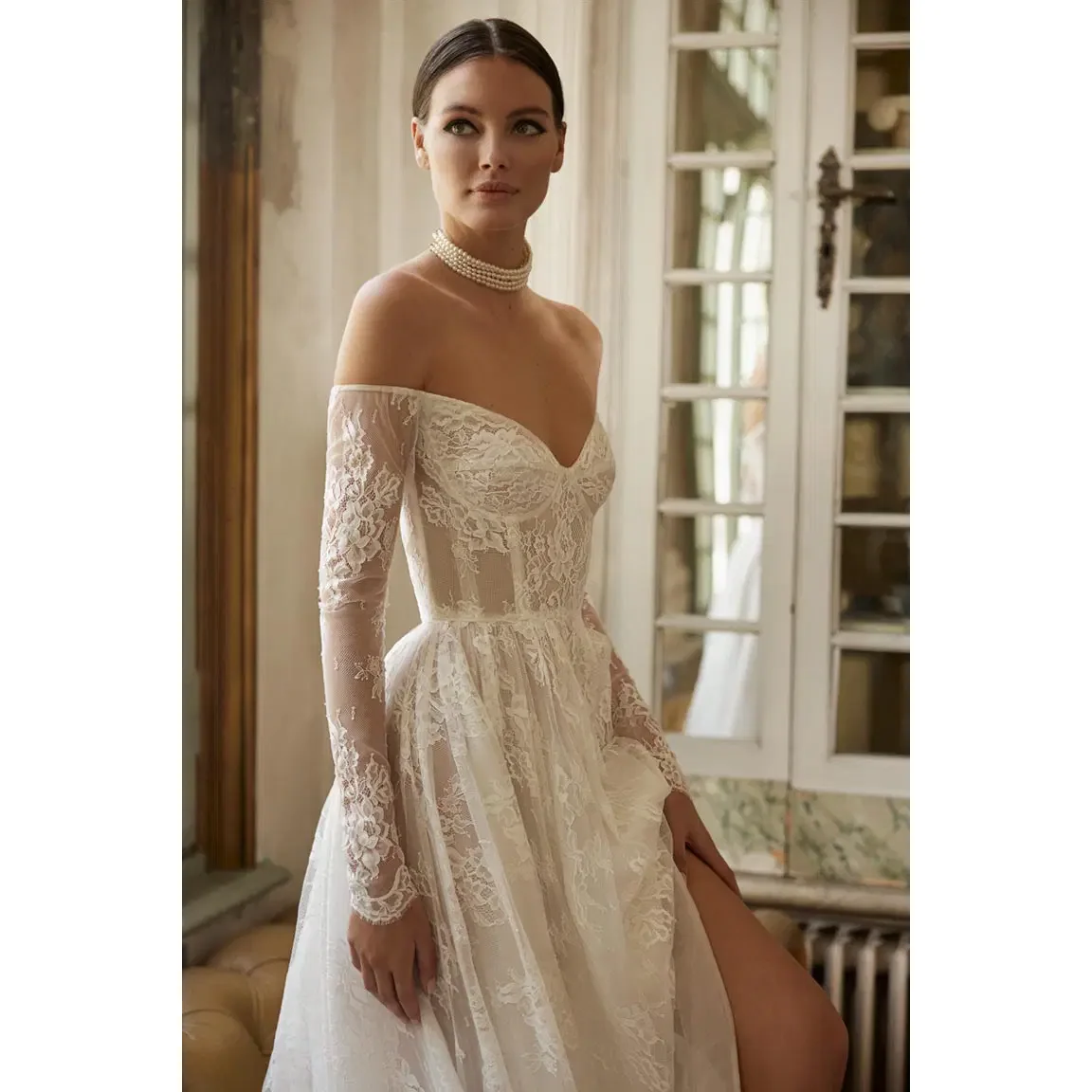 Customized Attractive Lace A Line Bride Wedding Dresses Off The Shoulder Long Sleeves Women Bridal Gowns Vestidos De Novia