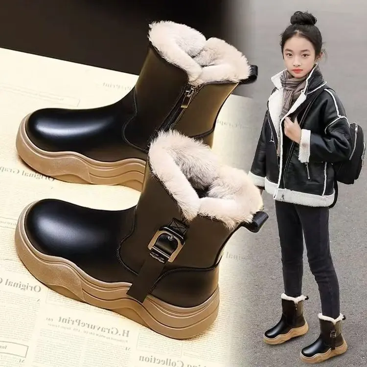 Girls Faux Fur Ankle Boots Winter School Shoes