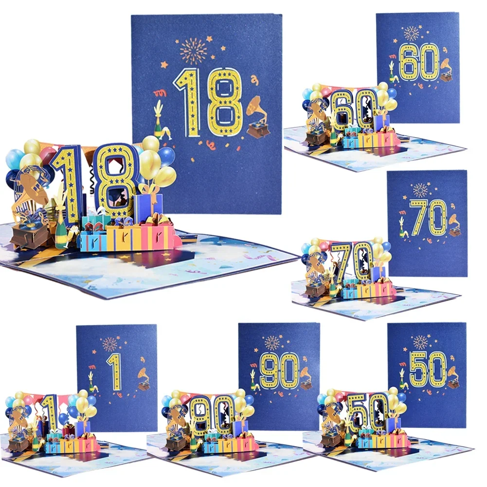 Cartoon 3D Ballon Greeting Card Blossom Pop Up 1/10/18/20/30/40/50/60/70/80/90/100 Anniversary Card for Birthday Valentine's Day