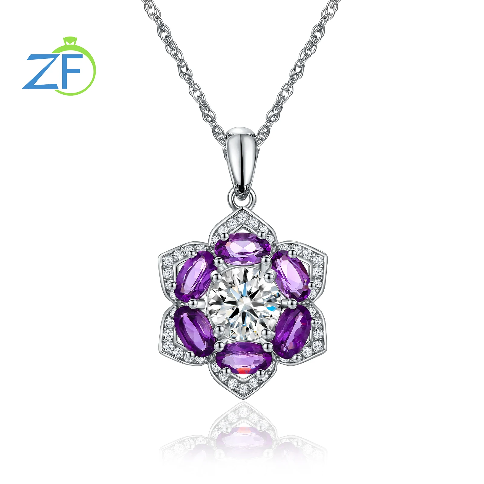 

GZ ZONGFA 925 Sterling Silver 1.1ct Natural Amethyst Necklaces for Women Created White Sapphire Floral Necklace Fine Jewelry