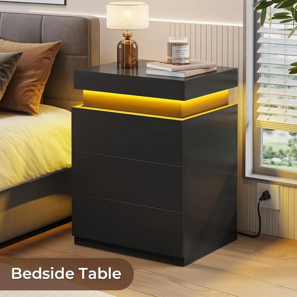 Nightstands Set of 2, Charging Station and Sliding Top, Bedside Table with Power Outlets & Drawers,  Nightstands 2