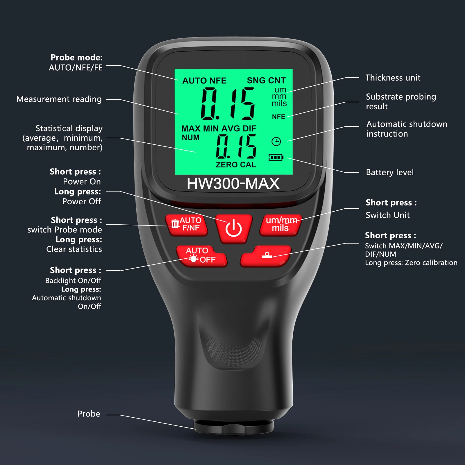 0-2000UM Thickness Gauge High Precise LCD Digital Automobile Film Thickness Meter Car Paint Coating Tester