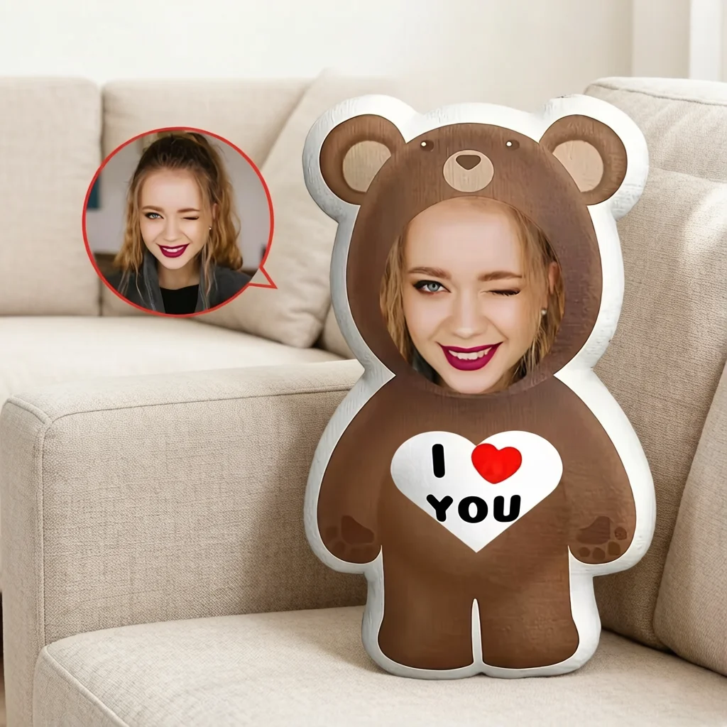 Personalized Photo Bear Pillow - I Love You Plush Gift for Loved Ones, Soft and Comfortable