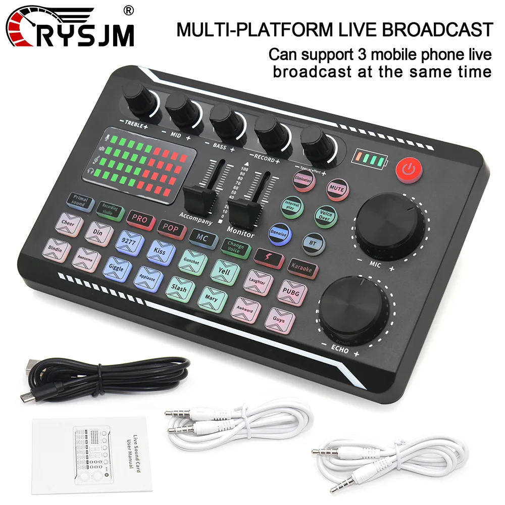 DJ 믹서 효과가 포함된 F998 라이브 사운드 카드 음성 변조기 라이브 스트리밍 노래용 블루투스 호환 오디오 인터페이스 믹서