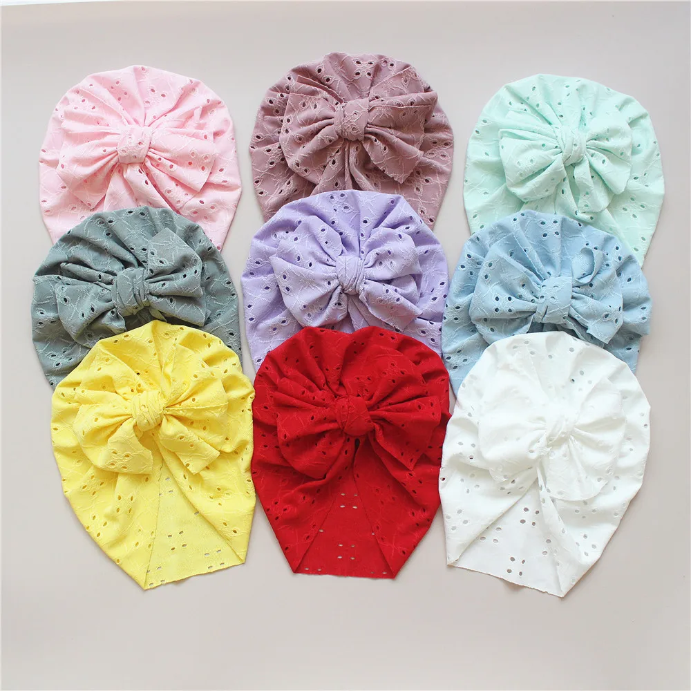Large Bow Newborn Spring Summer Thin Hat Beanie Turban Cap Cutout Hollow Headwrap for Baby Girls Headwear Boys Infant Hat 0-3Y