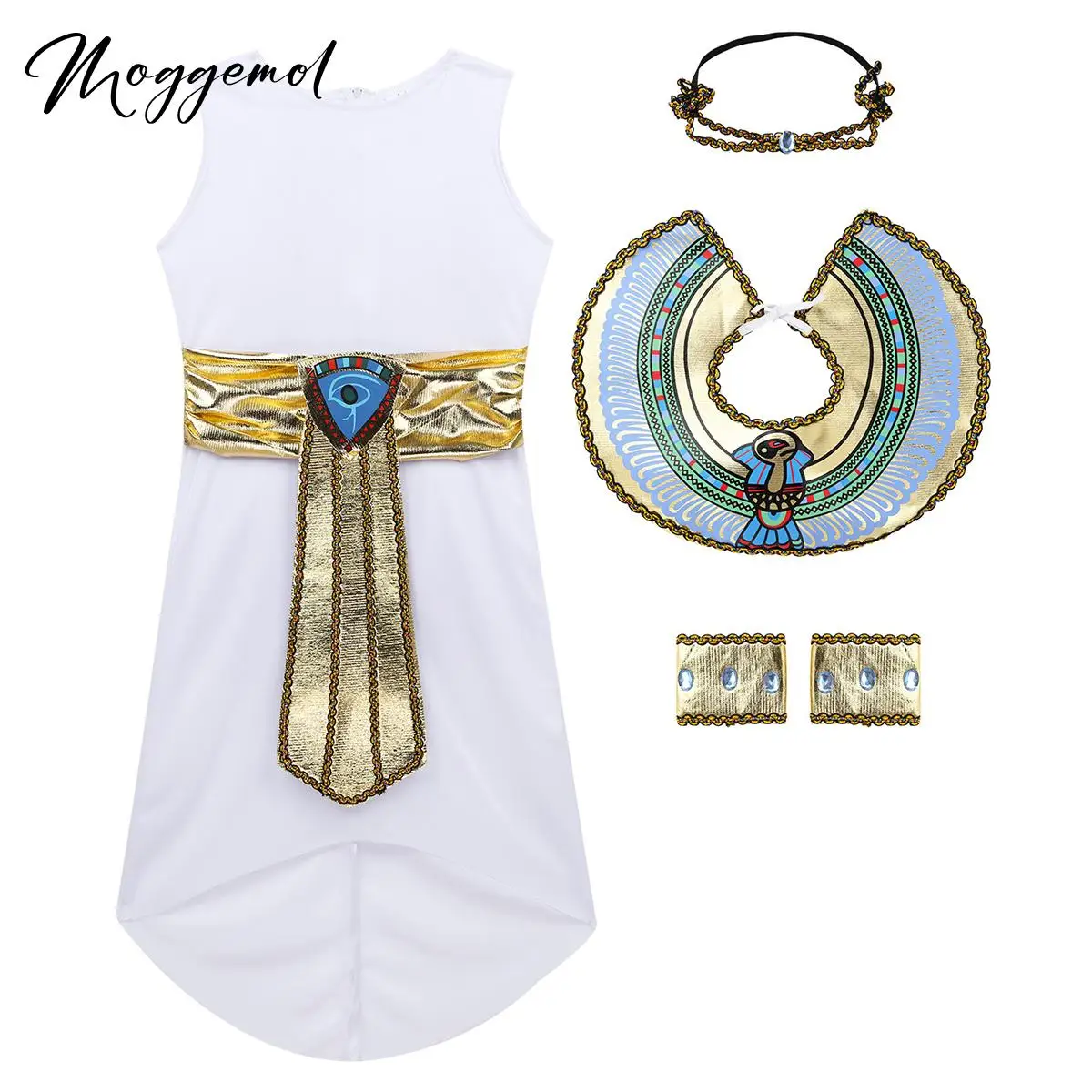 

Kids Boy Girls Ancient Egypt Egyptian Pharaoh Cleopatra Dress Costume for Halloween Party Cosplay Role Play Collar Armbands Set