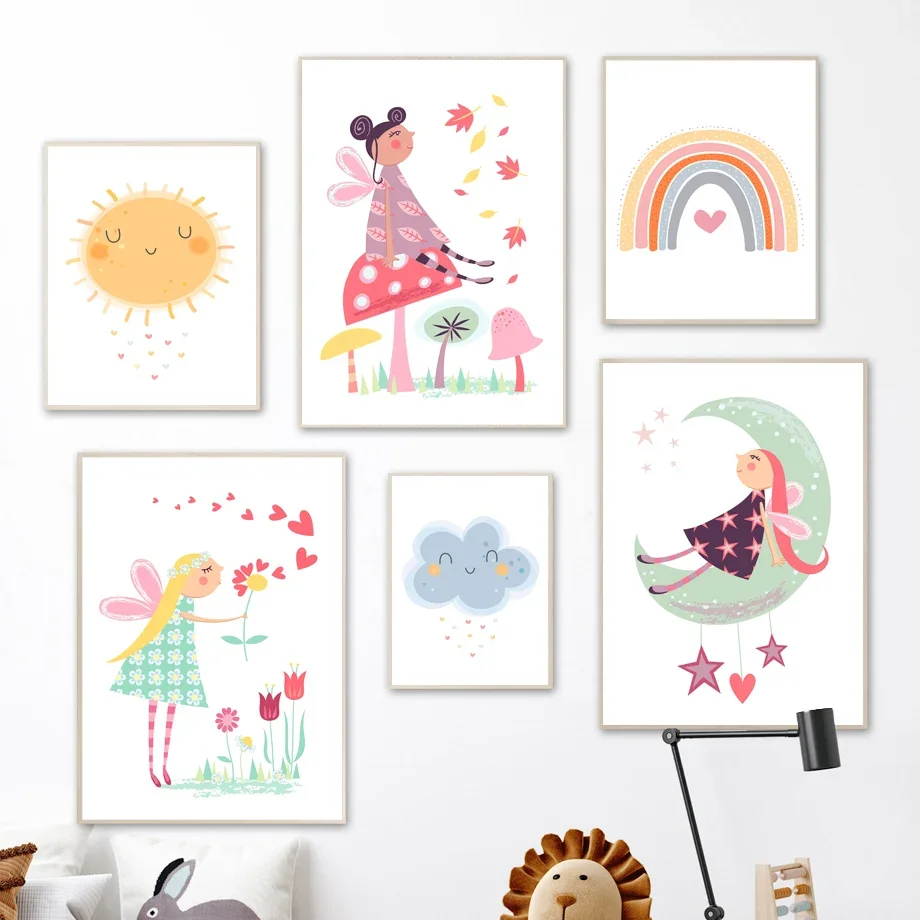 

Cartoon Angel Girl Mushroom Sun Moon Rainbow Flower Wall Art Canvas Painting Nordic Posters And Prints Wall Pictures Kids Room
