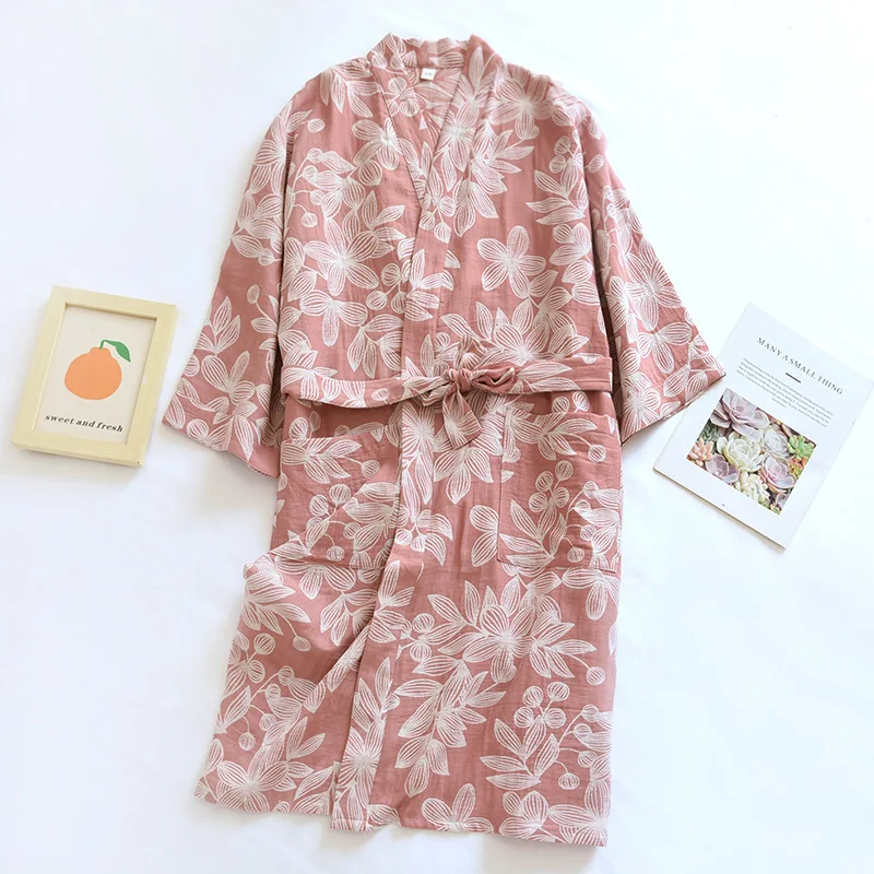 Women's Pure Cotton Gauze Pajamas Thin Jacquard Bathrobes Autumn Long Sleeve Japanese Kimono Robe Loose and Casual Home Wear