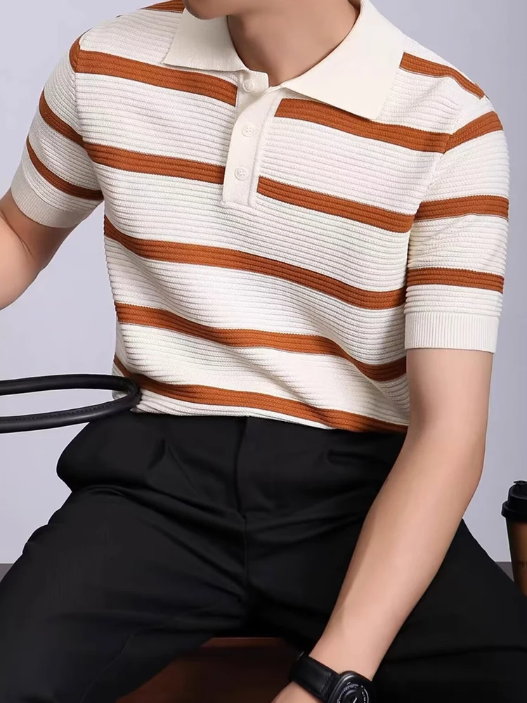 New Casual Striped Crochet Knit Polo Shirt Mens Summer Fashion Buttoned Polo Neck Knitted Tops Men Stylish Short Sleeve Jumpers 13 Saf0473dd1a6e41f8840f43f74e60ee338