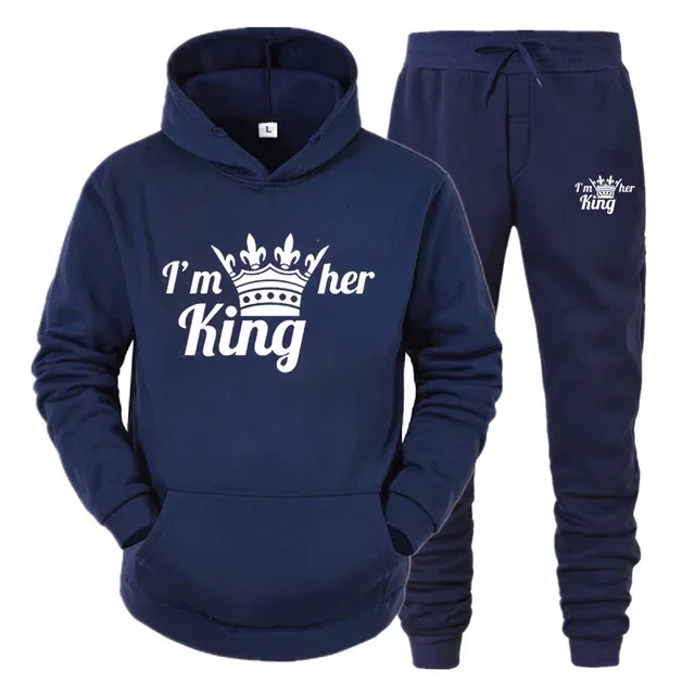 thumbnail image 1 of Chándal con estampado de QUEEN y KING para hombre y mujer, Sudadera con capucha para parejas, ropa deportiva para amantes, conjunto de 2 piezas, 1 of 5
