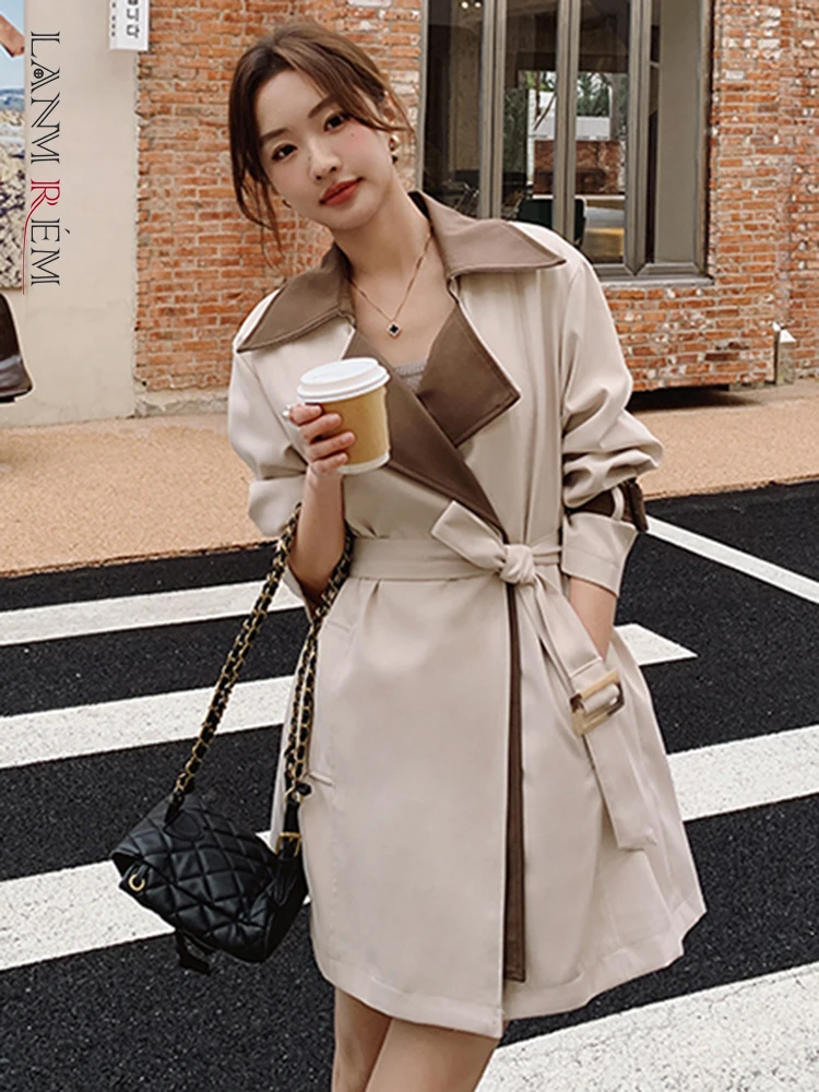 

LANMREM Women's Contrast Color Mid Length Trench Fashion Lapel Belt Single Button Windbreaker 2023 Autumn New Clothing 2AA2406