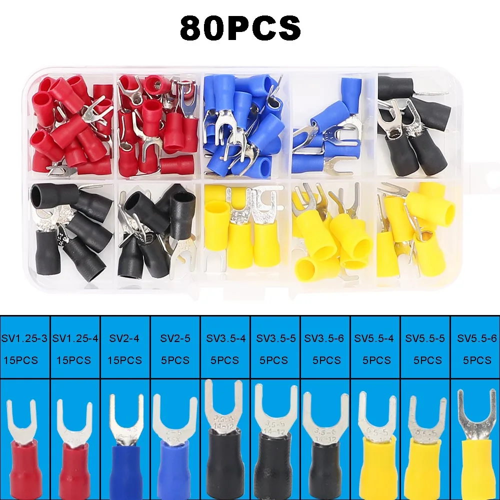 Wire Connectors Terminal Connector Electrical Connectors Plug Copper Wire Lugs 80PCS SV 10Kinds Insulated Cable Connector Electrical Wire Crimp Butt Terminals Ring Fork Set Ring Lugs Rolled Kit